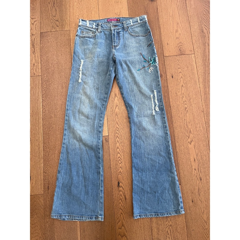 SO Flare Jeans Womens 5 Light Wash Vintage Y2K Floral Distressed Low Rise